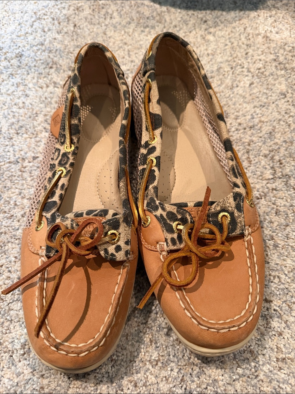 Sperry Tan Leather Moccasins with Leopard Trim